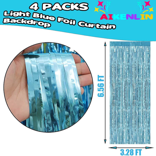 4 Pack 3.3Ft x 6.6Ft Light Blue Foil Fringe Curtain Backdrop, Metallic Tinsel Foil Fringe Streamers Curtains Background for Photo Booth, Birthday, Wedding, Halloween, Christmas Party Decoration