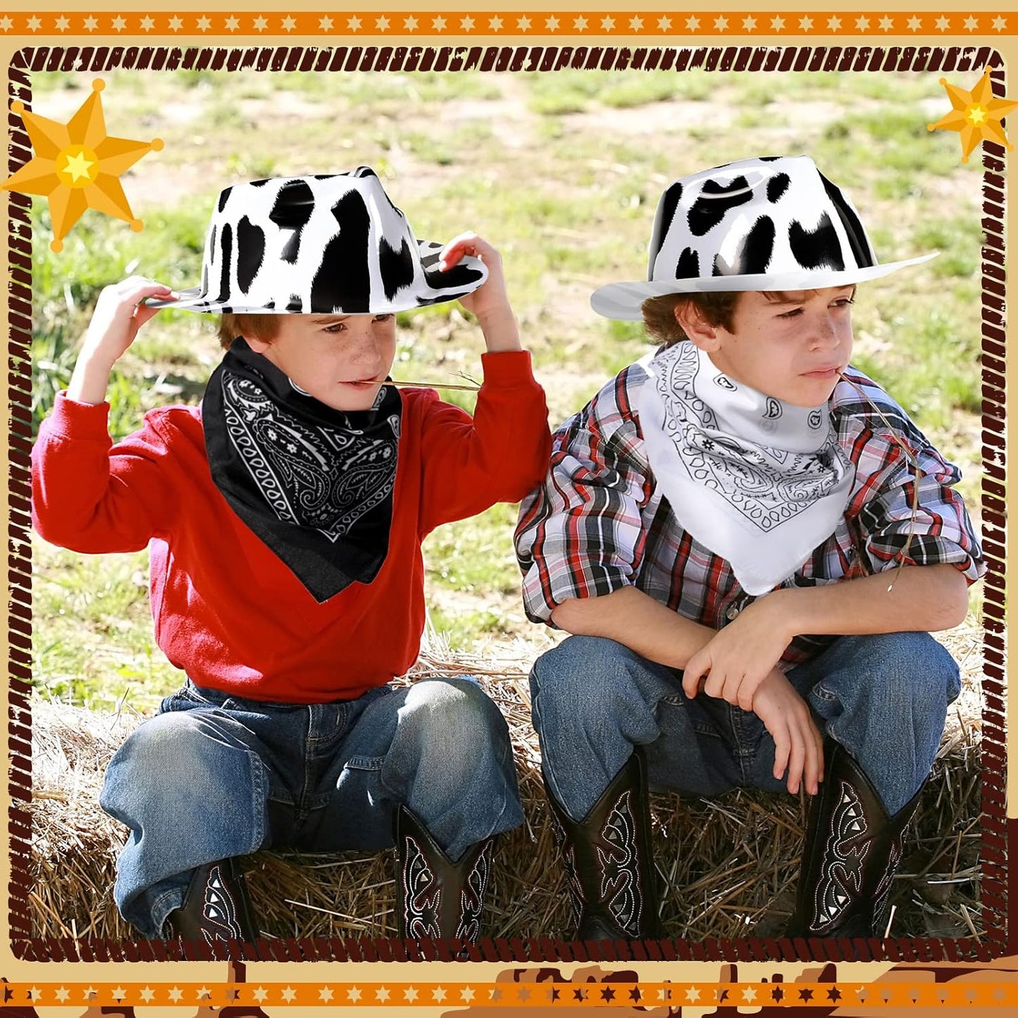 Haysandy 24 Pcs Cow Print Cowgirl Cowboy Hats Bulk with Bandana Felt Cow Party Hats for Women Men Western Costume Party (Black)