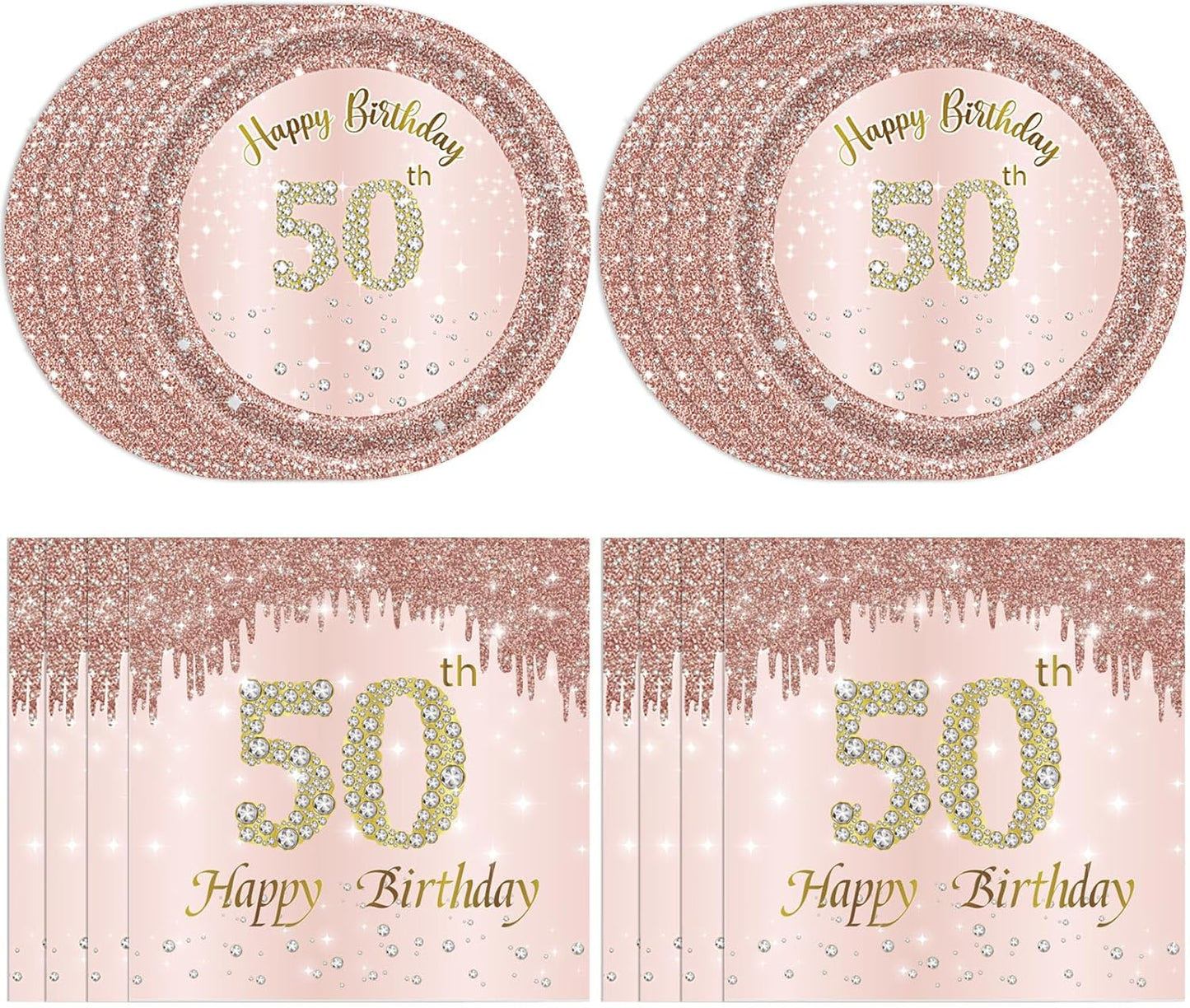 50th Birthday Decorations for Women, Rose Gold Fifty Year Old Party Supplies Include 20 Plates 20 Napkins, Pink 50 Aged Birthday Party Tableware