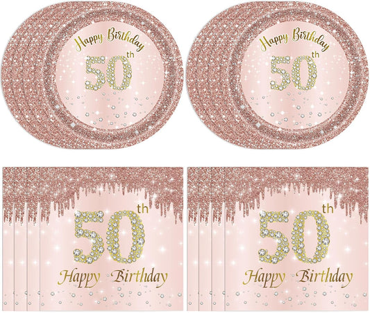 50th Birthday Decorations for Women, Rose Gold Fifty Year Old Party Supplies Include 20 Plates 20 Napkins, Pink 50 Aged Birthday Party Tableware