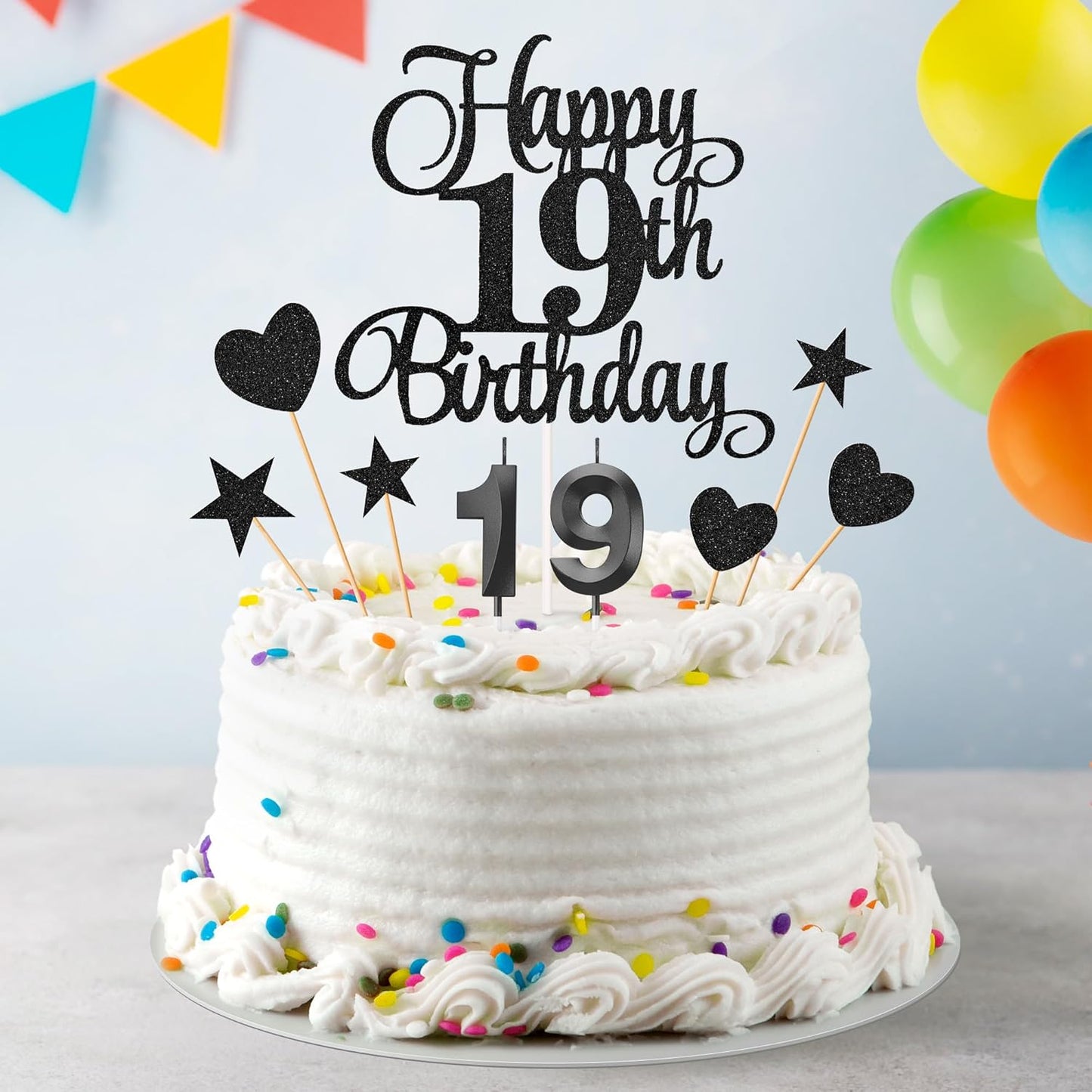 19th Birthday Cake Decorations, 19th Birthday Candles Cake Numeral Candles and Glitter Happy 19th Birthday Cake Toppers Set for Birthday Party Supplies (Black)