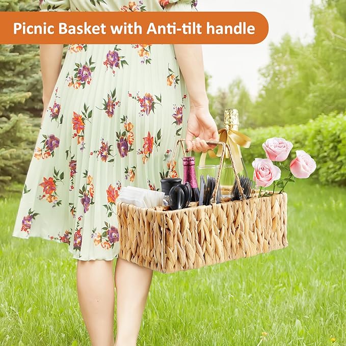 Silverware Holder for Party, Wicker Utensil Caddy, Woven Picnic Caddy for Plates, Water Hyacinth Cutlery Basket, Hosting Essentials Organizer