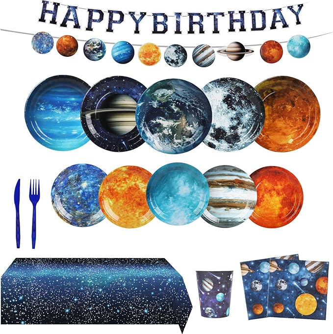 Space Theme Party Decorations,182pcs Galaxy Planet Outer Space Disposable Plates and Napkins Tableware Set,for Space Solar System Planets Baby Shower Birthday Party Decorations,Serve 30