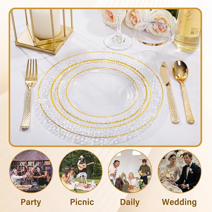Nervure 102PCS Gold Plastic Plates - Disposable Clear Gold Party Plates Include 51PCS 10.25inch Dinner Plate & 51PCS 7.5inch Dessert Plate Perfect for Wedding & Party & Christmas (Pack of 2)