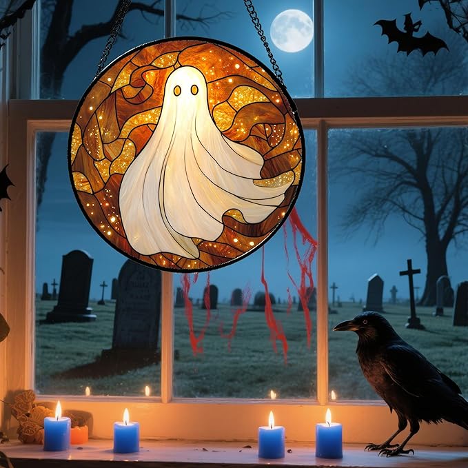 Stained Glass Window Hanging - Halloween Decoration White Ghost Robe Suncatcher for Door Garden Spooky Starry Sky Sun Catchers Gothic Decor Horror Gifts for Women Men Friend Boy Girl 7.8 in