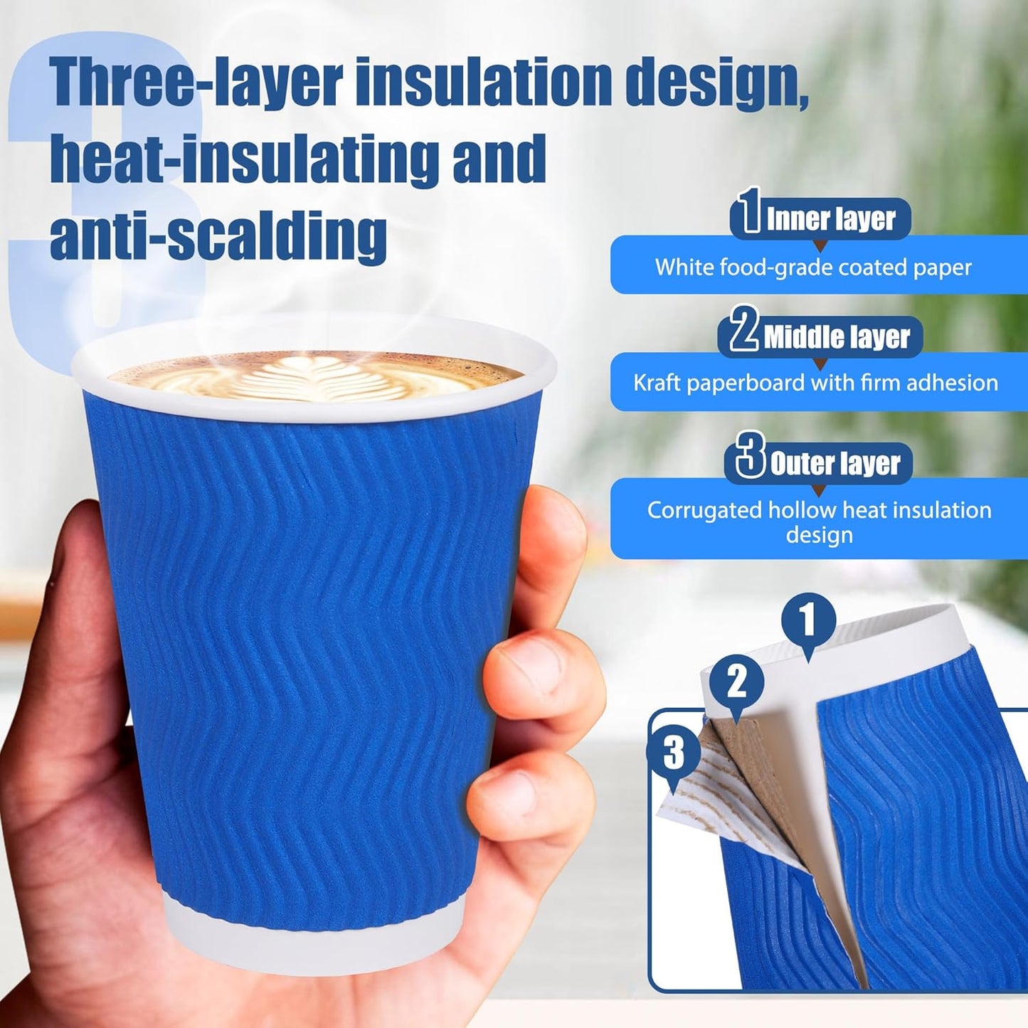 4-Color Assortment Coffee Cups (Red, Blue, Black, Yellow) - 100-Pack of 12 oz Disposable Paper Cups with Lids, Stirring Straws, Insulated Corrugated Wall for Hot & Cold Drinks