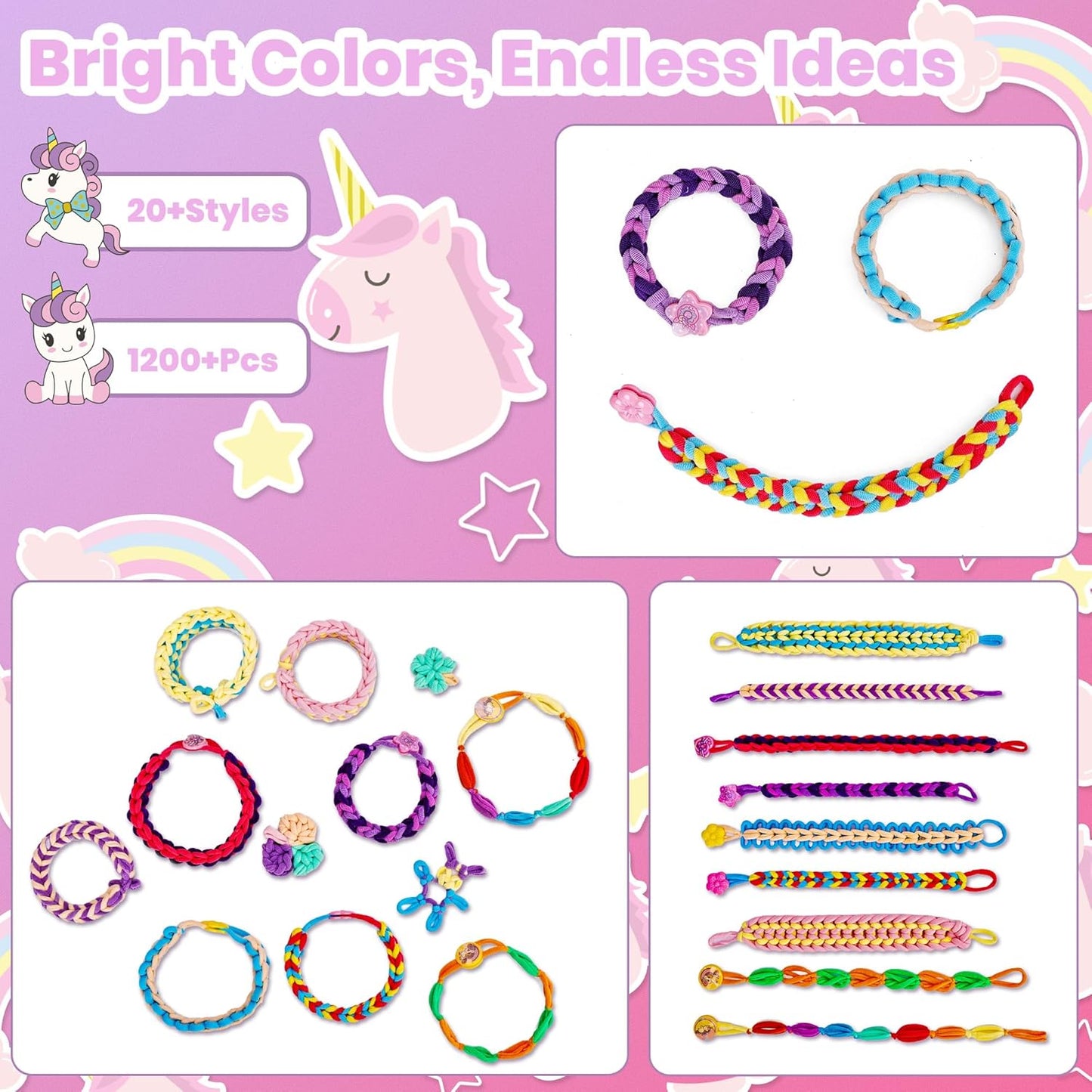 Bracelet Making Kit for Girls Ages 8-12, Weaving Rainbow Bands kit,DIY Toys for Friendship Birthday Gifts for Kids 6 7 9 10 11 13 Year Old, 1200+ Elastic Cloth Rubber Band Fabric Loops