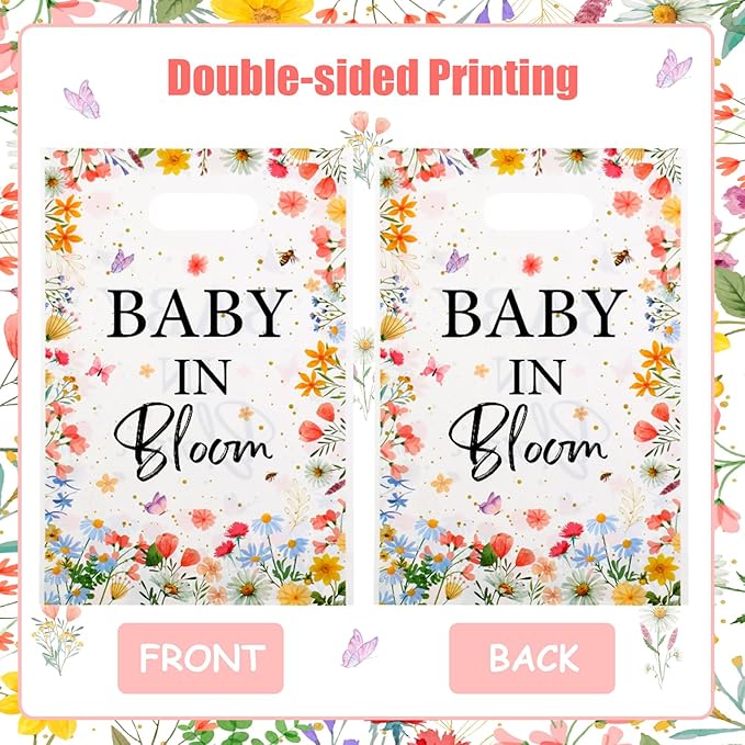 Serencatcher 30Pcs Baby In Bloom Party Favor Bags Widflower Baby Shower Goodie Bags Plastic Floral Gift Bags Candy Bags with Handles for Wildflower Baby In Bloom Baby Shower Decorations Party Supplies