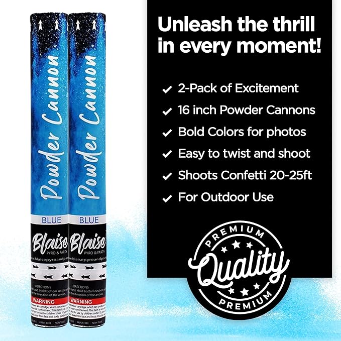 Blaise Pyro & Party Blue Powder Poppers - Water-Soluble & Colorful Powder Cannons for Gender Reveals, Birthdays, Weddings & Celebrations - Easy to Use for Memorable Photos - 16-Inch, 2-Pack