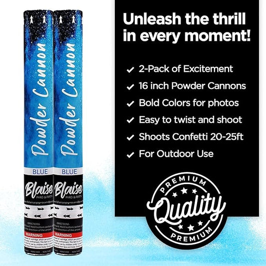 Blaise Pyro & Party Blue Powder Poppers - Water-Soluble & Colorful Powder Cannons for Gender Reveals, Birthdays, Weddings & Celebrations - Easy to Use for Memorable Photos - 16-Inch, 2-Pack