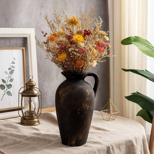 Rustic Ceramic Flower Vase with 1 Handle, Small Decorative Terracotta Boho Vase for Living Room, Table Centerpiece, Shelf Decor, Farmhouse, Entryway - 8.8 Inch Tall, Vintage Black