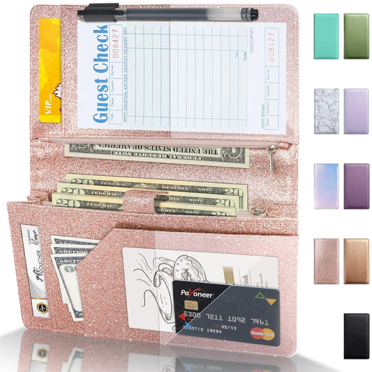 Server Book High Volume, Expandable Server Book,5"×9", Waitress Waiter Book, Leather Waitress Book with 2 Zipper Pockets and Magnetic Pocket, Server Books Booklet Fit Server Apron, Glitter Rose Gold
