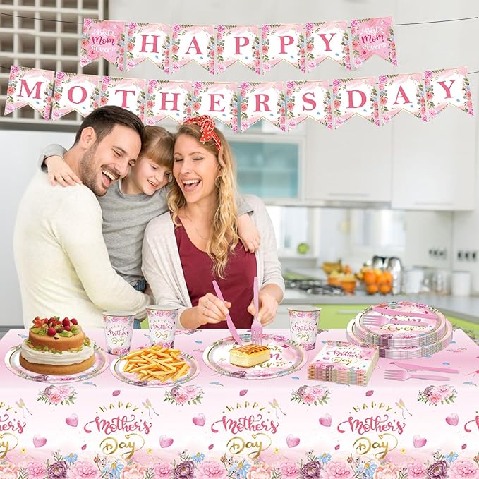 98PCS Happy Mother's Day Party Supplies Mothers Day Tableware Set Best Mom Ever Paper Plates Napkins Forks Knives Tablecloth Banner Mothers Day Party Decorations Disposable Dinnerware for 16 Guests