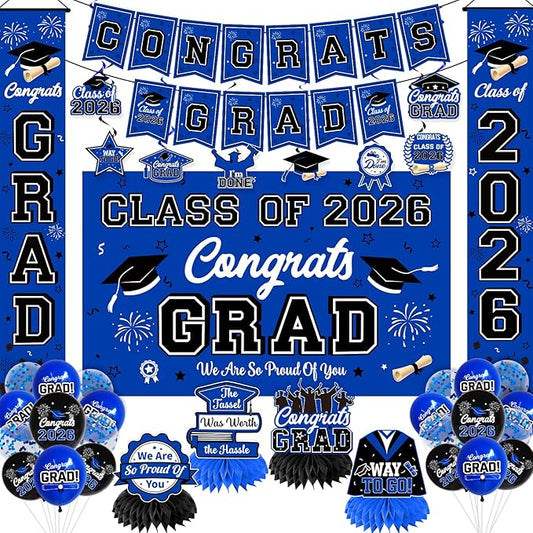 Graduation Decorations Class of 2026 Blue Party Decor Set include Congrats Grad Banner Graduation Backdrop Class of 2026 Balloons Party Supplies