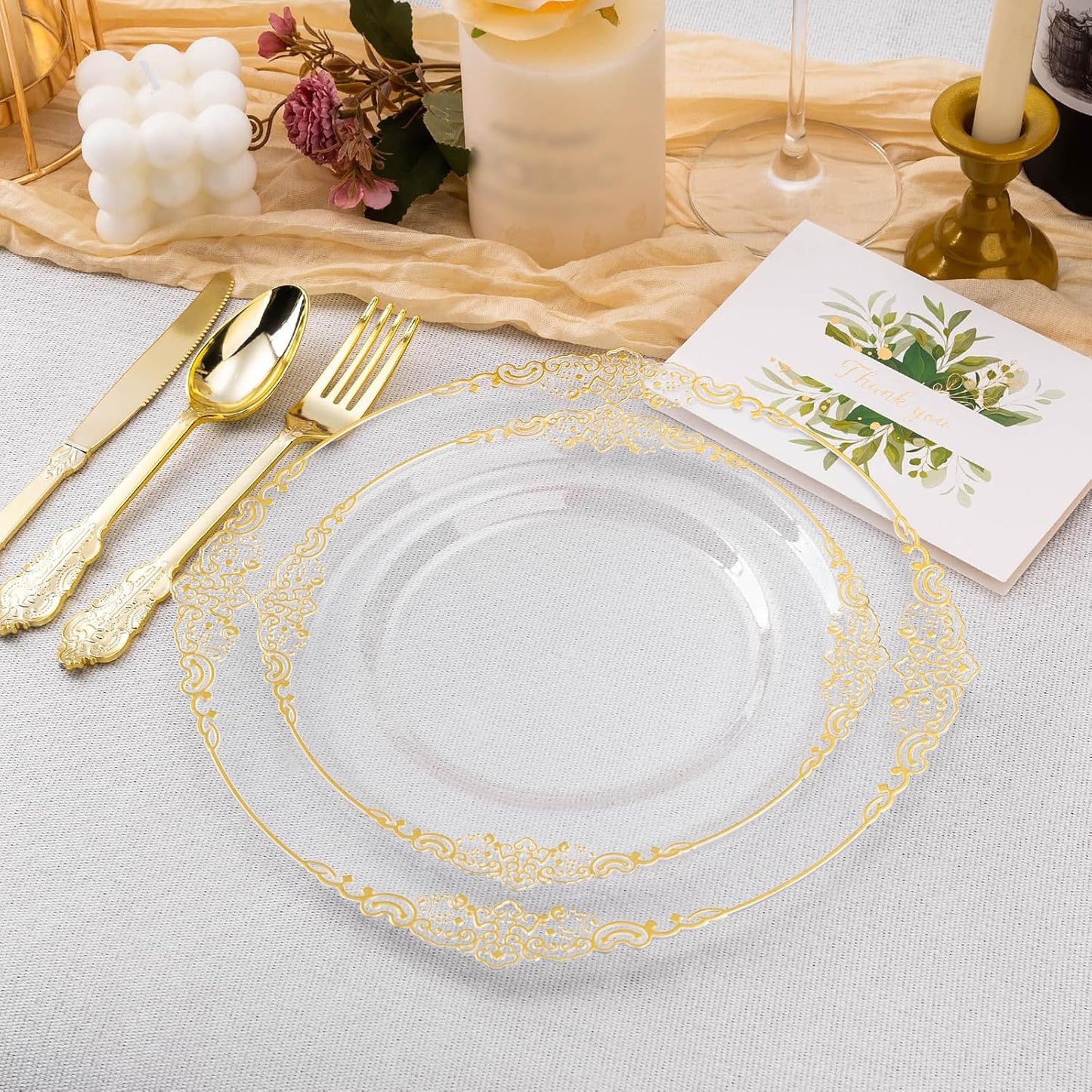 100 PCS Clear and Gold Plastic Plates for 50 Guests, Clear Disposable Plates Include 50 PCS Dinner Plates, 50 PCS Dessert Plates for Party, Wedding and Graduation