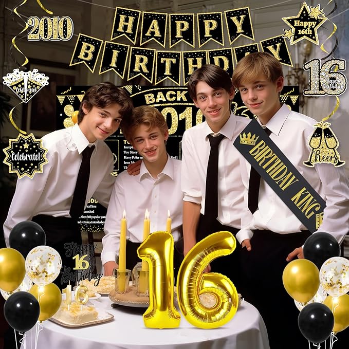16th Birthday Decorations for Boys, Black Gold Back in 2010 Party Supplies Kit with Banner, Backdrop, Balloons, Cake Topper & Sash, 16 Year Old Birthday Party Decor Boy