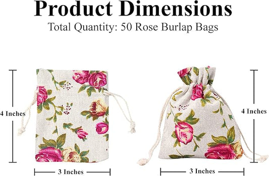 Mandala Crafts 3X4 Inch Mini Rose Burlap Drawstring Gift Bags for Favors - 50 Tiny Floral Linen Sacks Gift Pouches for Candy, Coffee, Jewelry, Wedding, and Party Supplies