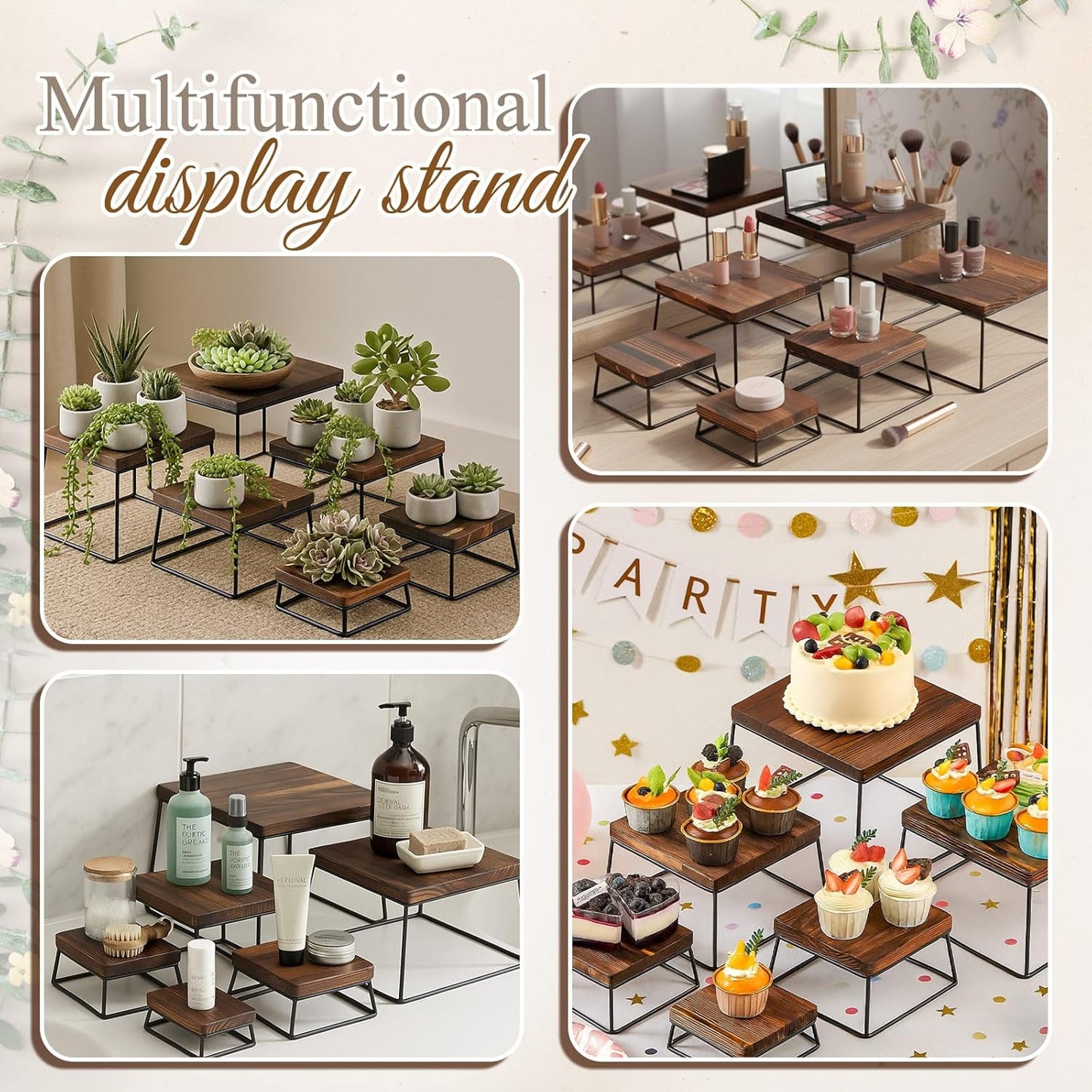 Weysat Set of 6 Dessert Tabletop Display Wood Dessert Display Stands for Cup Cake or Food, Buffet Table Tiered Stand Jewelry Figures Show Rustic Brown