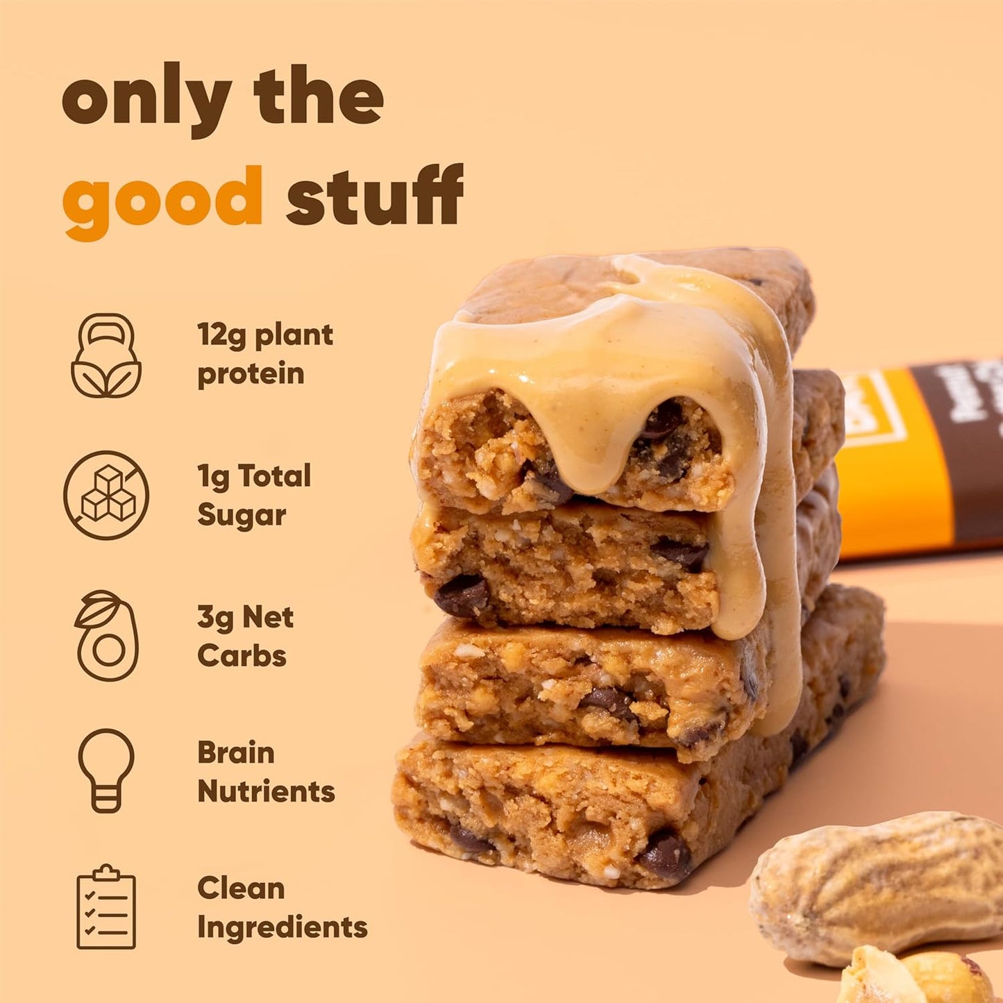 IQBAR Brain and Body Plant Protein Bars - Peanut Butter Chip - 24-Count - Keto, Vegan, Low Carb, High Fiber, Gluten Free, Dairy Free, Low Sugar Snack with Nutrients for Focus, Energy, Meal Replacement