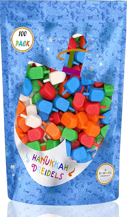 100-Pack Hanukkah Dreidels Multicolor Plastic Chanuka Draydels with English Transliteration, Includes Dreidel Game Instruction Cards