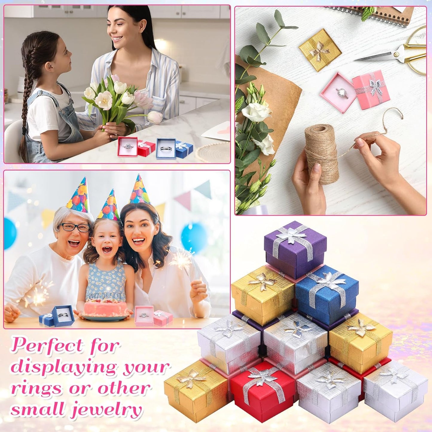 Bucherry 72 Pcs Ring Boxes 1.6 x 1.6 In Hard Cardboard Jewelry Box with Ribbon Bow Small Jewelry Gift Cases for Small Business(Modern Color)