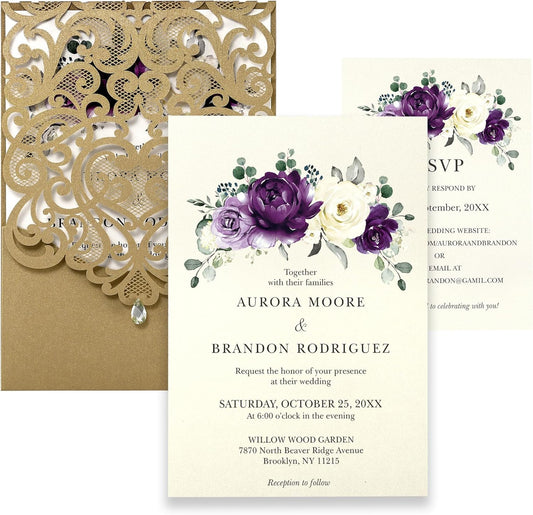50pcs Laser Cut Wedding Invitations with Envelopes and RSVP Cards Purple and Gold, 5x7.3 Personalized Invitation Cards for Wedding, Anniversary Invitations with Rhinestone