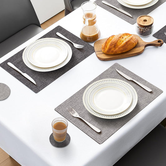 MOSAYT Placemats Set of 4, Heat Resistant Vinyl Place Mats with Coasters, Waterproof Wipeable Washable Faux Leather Table Mats for Kitchen Dining Party Indoor Outdoor, 12" x 18", Dark Light Grey