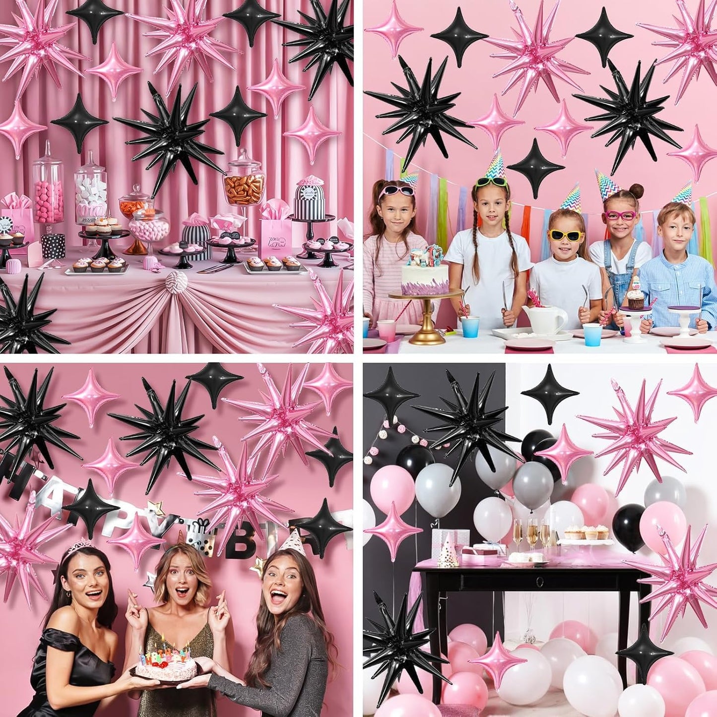 Black and Pink Star Balloon,6Pcs 22Inch Explosion Star Balloons and 10Pcs 10Inch Four Angle Balloons Kit for Birthday Anniversary Baby Shower Wedding Party Decorations