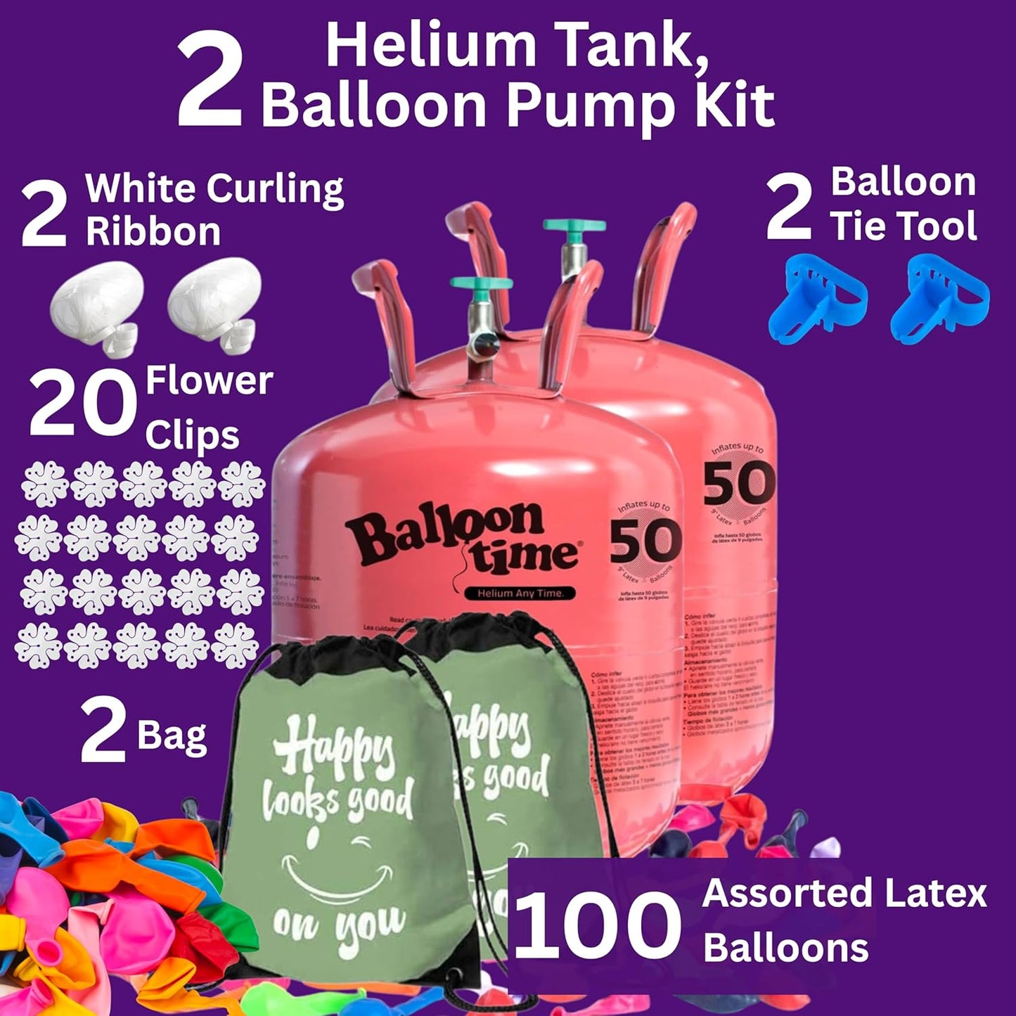 Helium Tank for Balloons At Home Balloon Time Disposable Helium Tank 14.9 cu.ft - 50 Latex Balloons + Balloon Tying Tool + Curling Ribbon and 10 Flower Clips (Pack of 2)