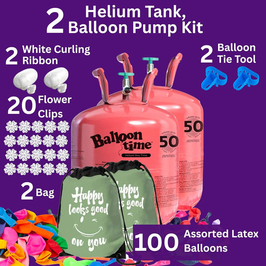 Helium Tank for Balloons At Home Balloon Time Disposable Helium Tank 14.9 cu.ft - 50 Latex Balloons + Balloon Tying Tool + Curling Ribbon and 10 Flower Clips (Pack of 2)