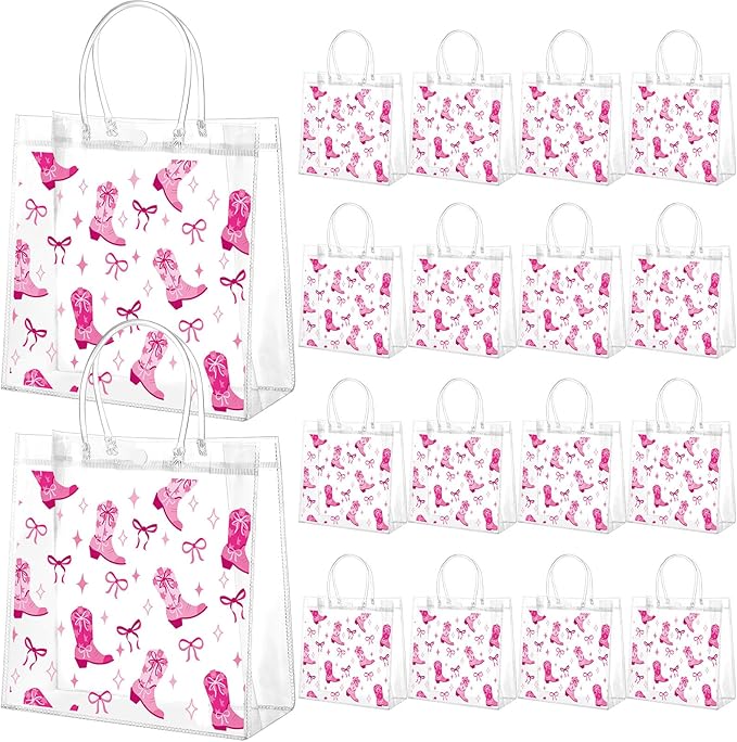 Kacctyen 24 Pcs Cowgirl Gift Bags for Party Favor Clear Cowgirl Goodie Bags with Handle 7.87 x 7.87 x 3.15 Return Gift Wrap Totes for Guests Treat Candy Wrapping
