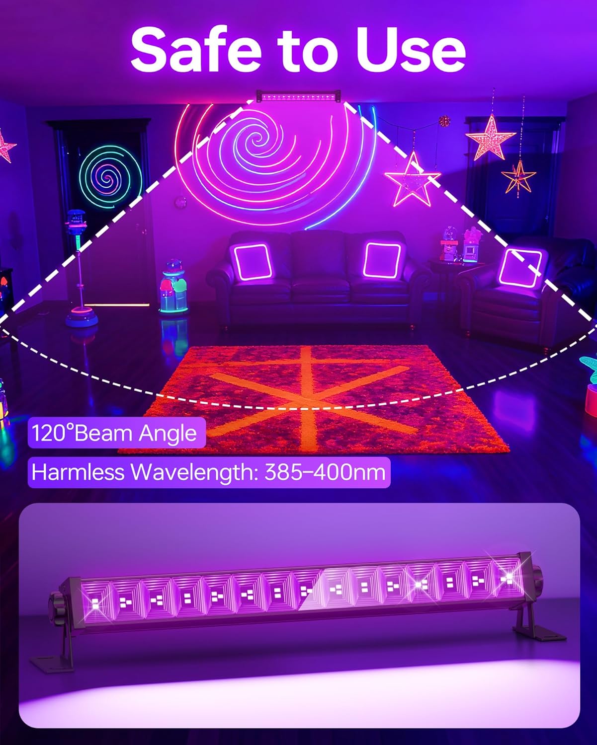 4 Pack LED 42W Black Lights, Blacklight Bars with Plug+Switch+6ft Cord, Light Up 24x24ftx4, Blacklight for Glow Party, Fluorescent Poster, Body Paint, Halloween Decorations, Bedroom, Stage