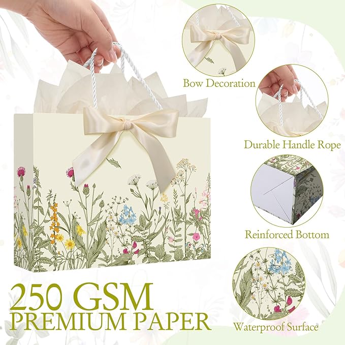 Maitys 12 Pack 13" Large Spring Wildflower Gift Bag Vintage Floral Paper Bags with Handles, Tissue Papers, Ribbons and Greeting Cards for Wedding Bridal Showers Birthday Baby Shower Party Decorations