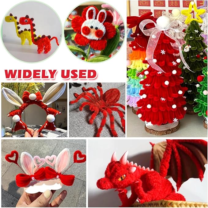 620 Pieces Red Pipe Cleaners Craft Set, 600 Pcs Plum Chenille Stems with 20 Pcs Flower Stems, Craft Supplies Bulk for DIY Art and Craft Projects Creative Gift Wrapping Party Decorations(Red Series)