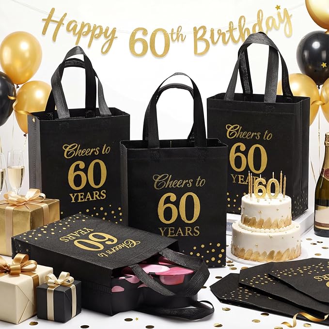 Supervitae 24 Cheers to 60 Years Gift Party Bags Medium Black and Gold Party Decoration Supplies Reusable Non Woven Totes for Birthday Anniversary Wedding Favor(9.8" x 7.9" x 3.9")