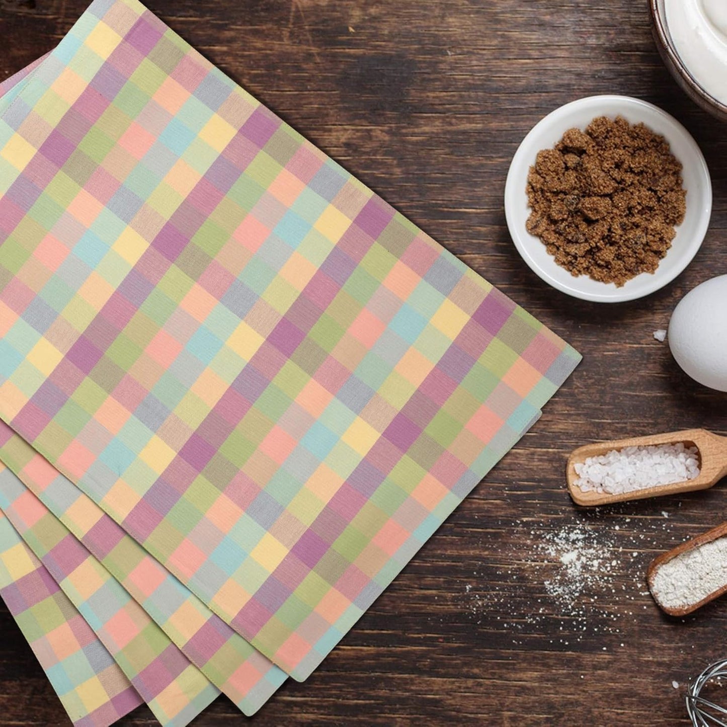 Urban Villa Easter Placemats100% Cotton Fused Table Placemats 14''x 20'' Over Sized Set of 6 Easter Colors Buffalo Check Plaid for Every Day Use Parties Celebrations Heavier Quality