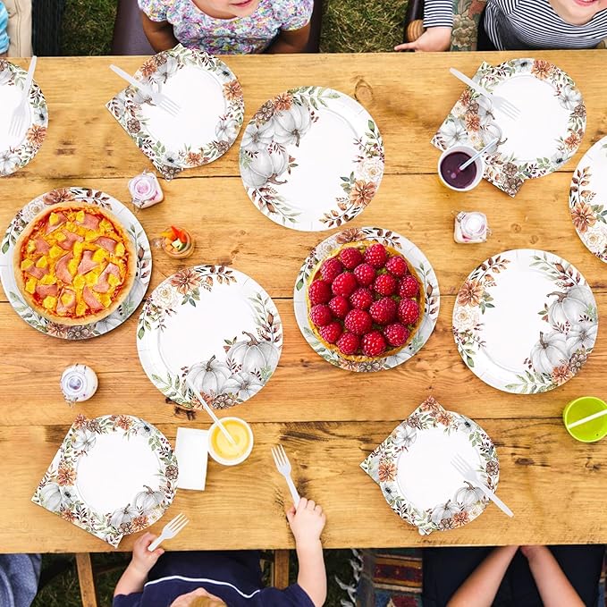 Grencian 200 Pcs Fall Pumpkin Paper Plates Watercolor Pumpkin Floral Platters Disposable White Pumpkin Decorative Tableware for Thanksgiving Harvest Wedding Birthday Party Decor Supplies Serves 50