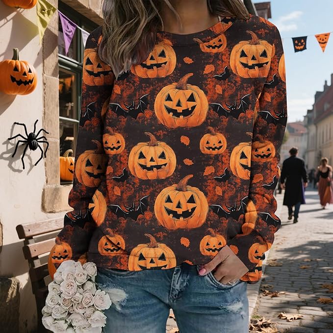 LIZALIG Pullover Cute Sweatshirt Orange Skeleton Fall Festive FunWomens Design Bat Holiday Party Outings Pumpkin Print