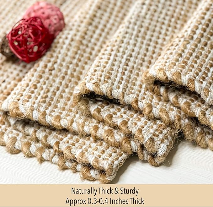 Chardin home Natural Jute Table Runner 13x48 Inch – Vintage Boho Rustic Table Decor – Handwoven Table Runner in Natural Jute and Ivory – Farmhouse Dining or Console Table Accent