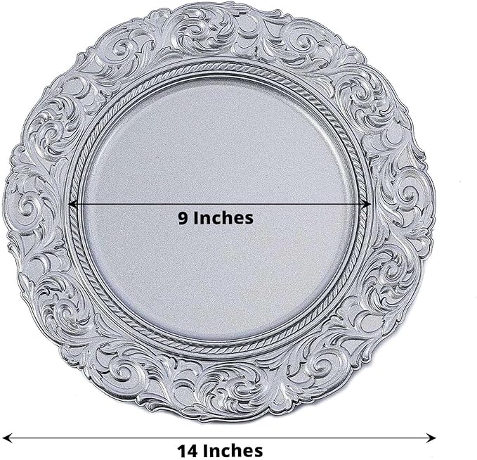 Efavormart Set of 6 SILVER 14" Round Plastic Charger Plates With Engraved Baroque Design Rim For Wedding Party Events