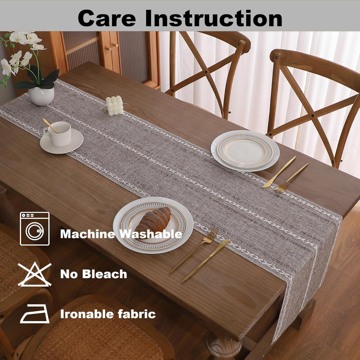 Gernaice 2PCS Boho Table Runner, Rustic Embroidered Cotton Linen Farmhouse Table Runners for Dresser End Coffee Table Home Decor, 24" L X 13" W Dark Brown