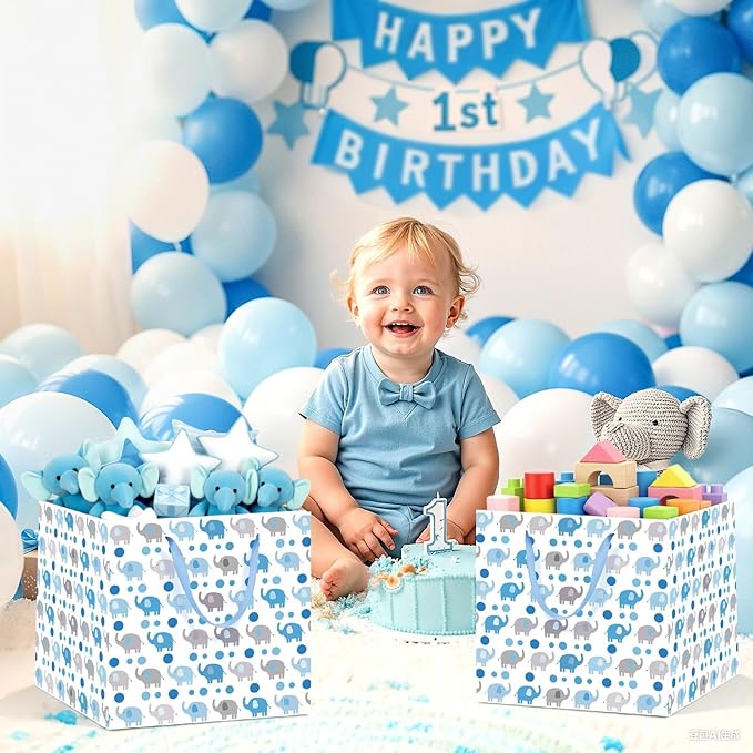 Woosytoo Extra Large Baby Boy Gift Bags - Blue Elephant Square Gift Bag with Wrapping Paper Jumbo Baby Shower Wrapping Paper Bag for Newborn Congratulations Gifts It's a Boy Party Favors Decor