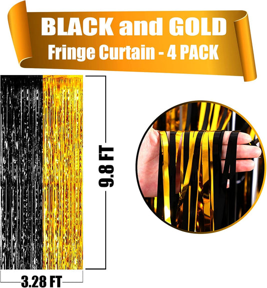 4 Pack Black Gold Foil Fringe Curtain Backdrop, 3.28Ft x 9.8Ft Metallic Tinsel Foil Fringe Streamers Curtains for Photo Booth, Wedding, Graduation, Birthday, Carnival Party Decoration