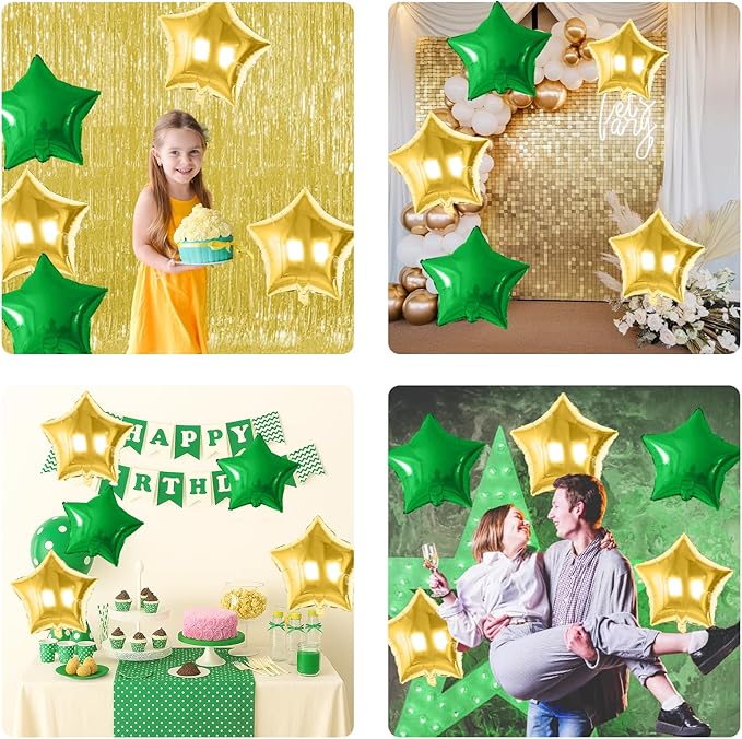 Green and Gold Star Foil Balloon, 10PCS Foil Stars Shape Balloons, 18 Inch Metallic Stars Balloons Helium Pentagram Balloon for Birthday, Graduation, Anniversary, Golf Tractor Jungle Party Decoration