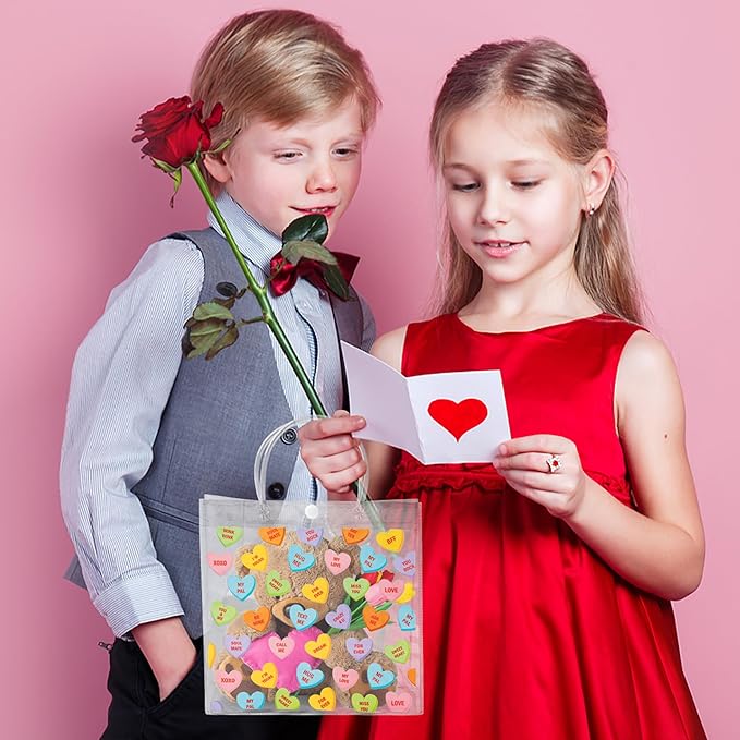 H1vojoxo Valentine's Day Gift Bags - 24PCS Wedding Conversation Heart Clear Bags 7.9x3.2x7.9 Inch Valentine Clear PVC Tote Bag with Handle Reusable PVC Gift Wrap Bag for Valentine Party Favor