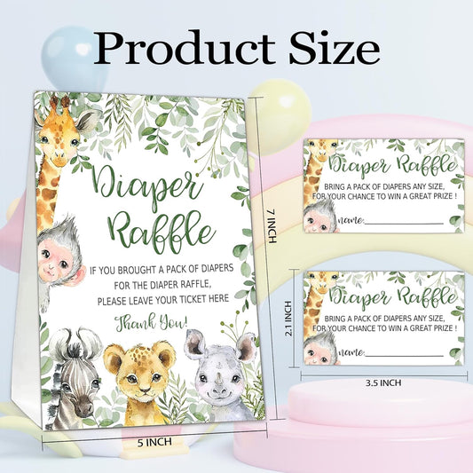 Jungle Animals Diaper Raffle Tickets for Baby Shower Game, 1 Standing Sign(5 * 7 Inch) & 50 Guessing Cards for Baby Shower Party Decoration