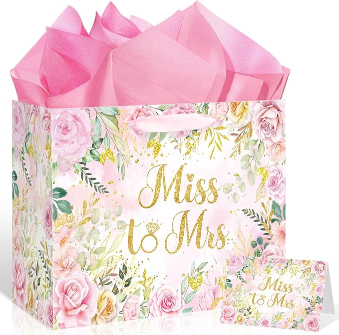 Yomaiha Floral Bridal Shower Gift Bag Wedding Miss to Mrs Gifts Bag with Tissue and Card Bridal Shower Gift Wrapping Paper Pink Flower Wedding Bride Engagement Bachelorette Party Supply Decorations