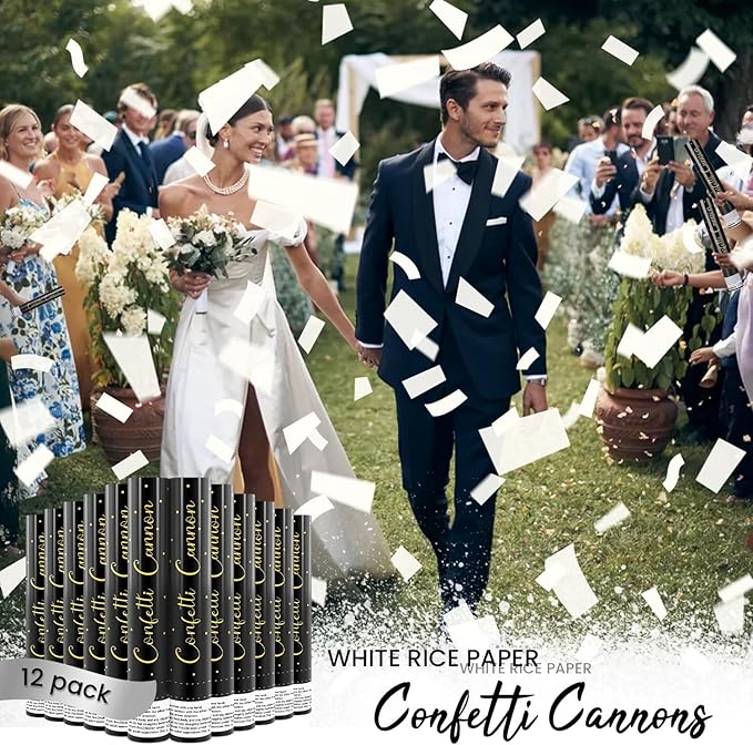 Confetti Cannon White Party Poppers 12 Pack Paper Confetti Poppers Wedding Confetti Shooters 12 inch Cannons for Wedding Graduation New Year Eve Celebration Christmas Birthday Party