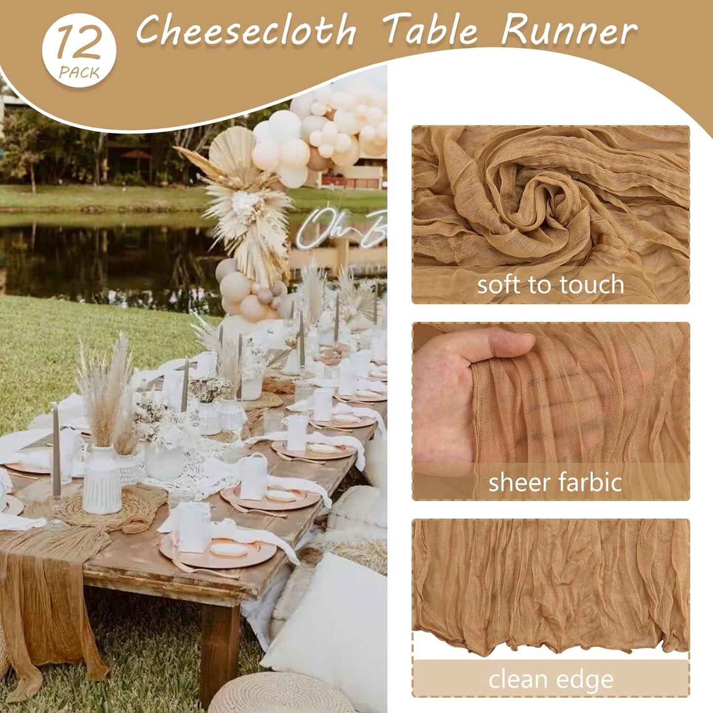 12 Pack 13Ft Cheesecloth Table Runner 35x157 Inch Boho Gauze Table Runner Cheese Cloth Long Table Runner Rustic Table Runner for Wedding Bridal Shower Birthday Party Table Decor (Nude)