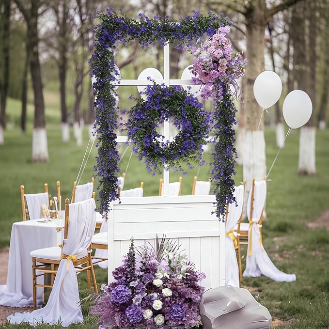 Fake Hanging Eucalyptus Garlands Artificial Vines Plants Eucalyptus Leaves with Flowers Greenery Spring Floral Garland for Home Garden Wedding Wall Arch Party Decoration(Purple)